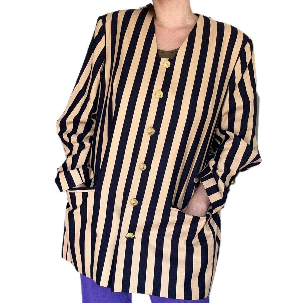 Vintage Rayon Linen Cotton Blazer Size 18 Striped Black Brown